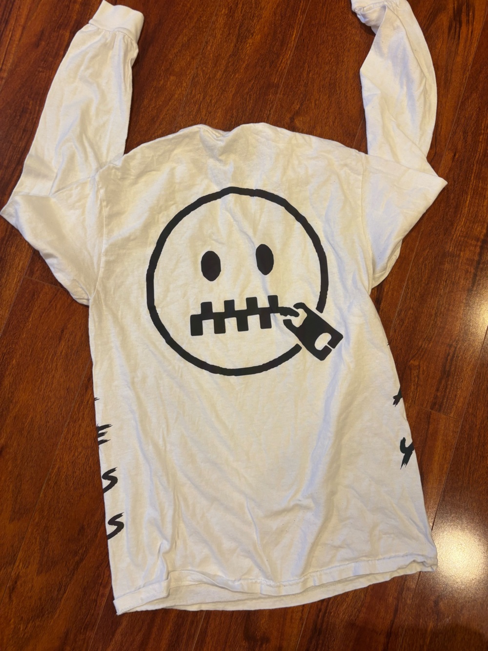 Gildan White Long Sleeve Tee with Black Zipper Smile Graphic